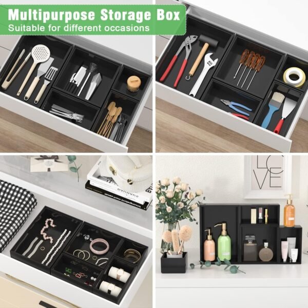 Black Bamboo Bathroom Drawer Organizer, Wooden Kitchen Utensil Holder Set of 5, Stackable Junk Drawer Organizer Tray, Multi-Use Storage Bins Boxs Dividers for Home, Office, Clothing, Makeup, Jewelry - Image 4