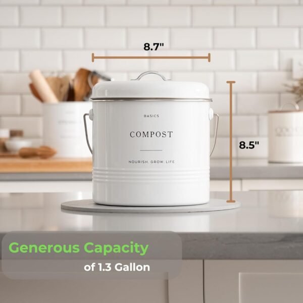 D'Lifeful Kitchen Compost Bin - 1.3 Gallon Countertop Compost Bin with Lid - Farmhouse Kitchen Composter with 6 Smell-Absorbing Charcoal Filters - Eco-Conscious and Easy to Clean Compost Bucket -White - Image 2
