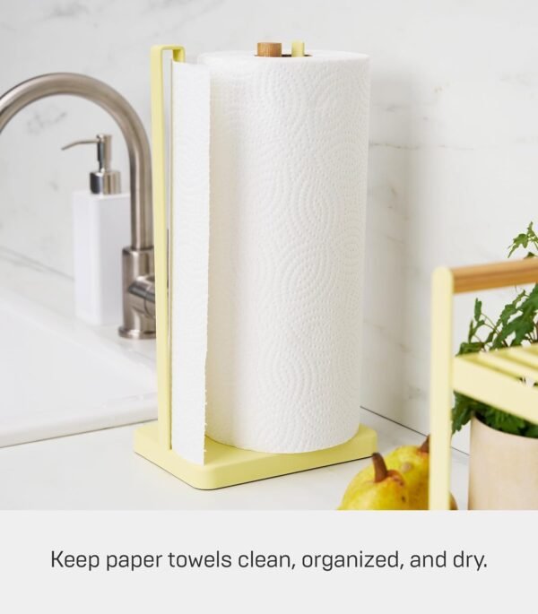 Yamazaki Home Tosca One-Handed Tear Paper Towel Holder - Kitchen Storage Rack - Steel + Wood - Image 6