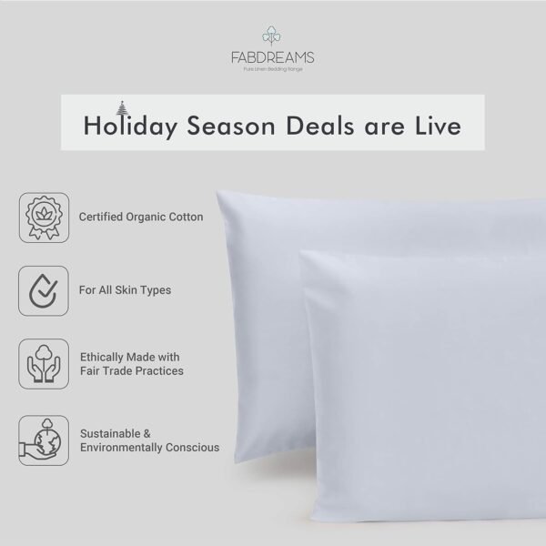 FABDREAMS 100% Organic Cotton Standard Size Pillow Case Set | Queen Size Pillow Case Set | Percale Weave | 300 Thread Count | GOTS Certified | Cool Crisp Breathable | 20" x 30" | White - Image 2