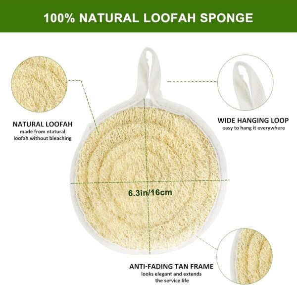 Natural Loofah Sponge Shower Round 6.3 Inch, Natural Loofah Exfoliating Body Scrubber, Shower Loofah for Back and Face Skin, Back Scrubber for Men Wowen Adults Back Face Skin SPA Care - 2 Pieces - Image 2