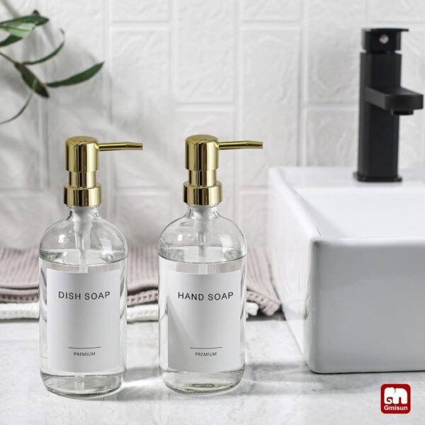 GMISUN Gold Soap Dispenser, 2 Pack Clear Glass Soap Dispenser with Rustproof Golden Pump, 16 Oz Clear Bathroom Hand Soap Dispenser, Refillable Kitchen Hand and Dish Soap Dispensers Set, Liquid Bottles - Image 3