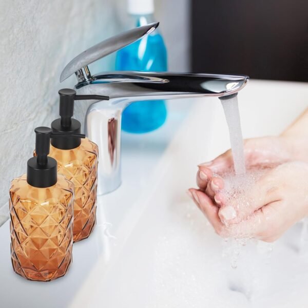 Glass Soap Dispenser, 2pcs Hand Soap Dispensers, Glass Bottle with Plastic Pump, Kitchen Dish Soap Dispenser Set for Bathroom, Hand Soap Dispenser for Liquid, Lotion, Essential Oil (Amber) - Image 3