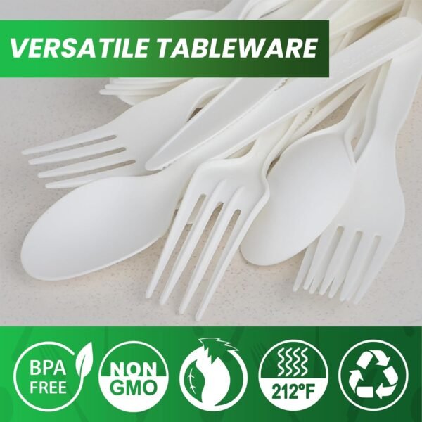 Compostable Cutlery Set | Compostable Bamboo Utensils, Disposable Cutlery Set - Compostable Forks & Bamboo Spoons | Biodegradable Cutlery Serving Utensils Picnics | 180 Counts - Image 2