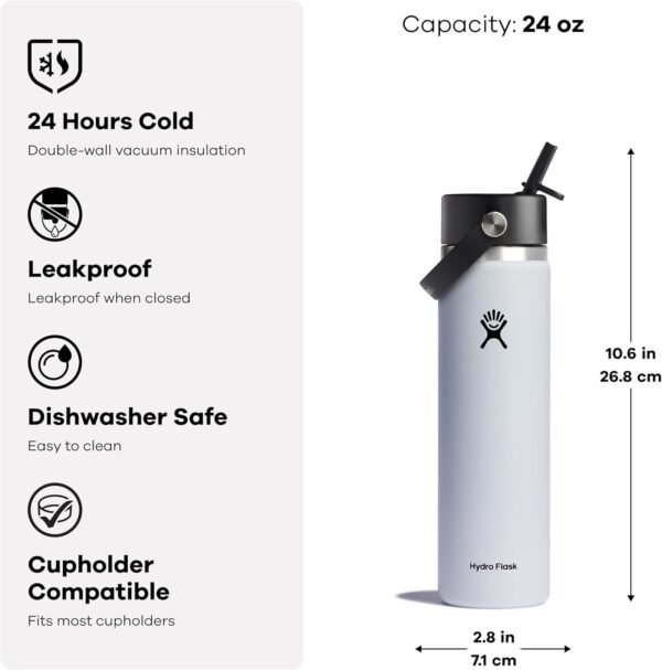 HYDRO FLASK Wide Mouth vacuum insulated stainless steel water bottle with leakproof closeable straw lid for cold water drinks, sports, travel, car and school - Image 3