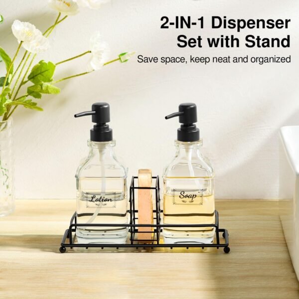 Shinowa Kitchen Soap Dispenser Set, Hand and Dish Soap Dispenser Set with Tray, 2-Pack Thick Glass Soap Dispenser for Kitchen & Bathroom, Soap and Lotion Dispenser Set Kit with Pump - Image 2