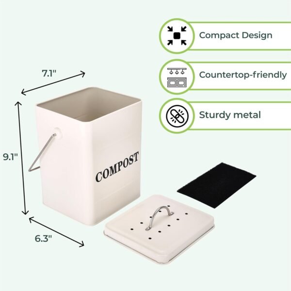 Window Garden Kitchen Compost Bin - Metal Pail for Composting Kitchen Scraps - Small Indoor Compost Bucket with Carbon Filter Lid - Food Scrap Container for Countertop - 9.1x7.1x6.3 inches (Off-White) - Image 4