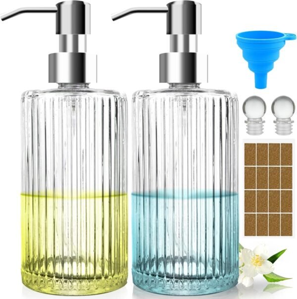 Glass Soap Dispenser with Rust Proof 304 Stainless Steel Pump,Refillable Hand and Dish Soap Pump Dispenser 15 oz with Stoppers and Funnel,Premium Bathroom Soap Dispenser for Kitchen,Lotion 2 Pack