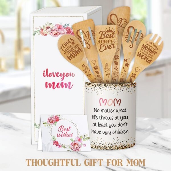 Cooking Utensils Set, Mom No Matter How Hard Life Gets Ugly Children, Grandparents Day Gift, Utensil Holder & 6 Wooden Spoons Cooking Gifts For Mom, Kitchen Gifts For Mom, Silverware Holder - Image 6