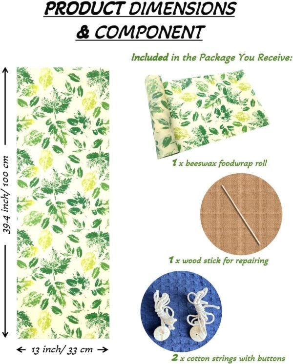 Beeswax Kitchen Food Wrap Whole Sheet 39.4"x13", Reusable Customizable Storage Wraps for Bread Sandwich Fruit Vegetable - Sustainable Gifts (Green Leaves) - Image 3