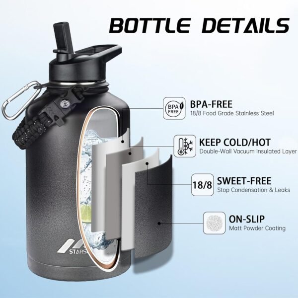 StarSpeed 64oz Insulated Water Bottle with Straws & 2 Lids, Half Gallon Stainless Steel Double Walled Vacuum Water Jug, Large Wide Mouth with Paracord Handle for Gym Camping Hiking, Dark Gray - Image 3