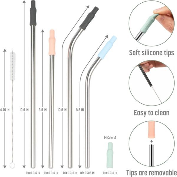 Goodful 8 Piece Variety Pack Reusable Travel Stainless Steel Straw Set, Travel Case, Cleaning Brushes, Removeable Silicone Tips, Multi Color - Image 2