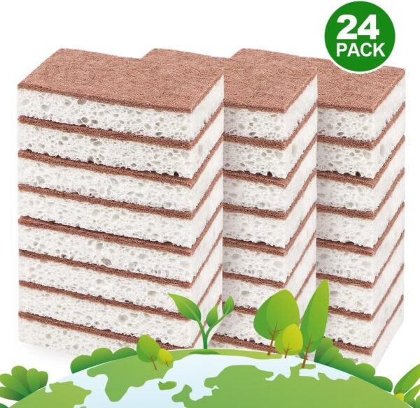 HOMEXCEL Natural Scrub Sponges Kitchen 24 Pack, Non-Scratch Cleaning Sponges for Dishes, Cellulose Sponges Safe on Non-Stick Cookware, Dual Sided Dish Sponge for Washing Dishes, Kitchen and Household - Image 6