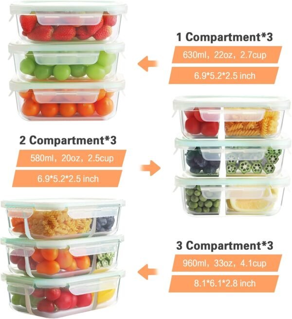 Bayco 9 Pack Glass Meal Prep Containers 3 & 2 & 1 Compartment, Glass Food Storage Containers with Lids, Airtight Glass Lunch Bento Boxes, BPA-Free & Leak Proof (9 lids & 9 Containers) - Image 2