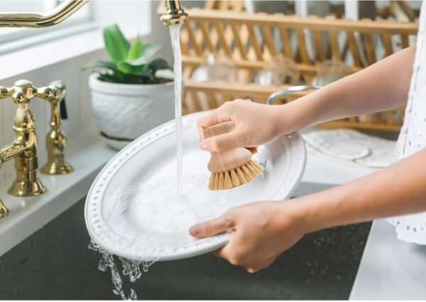HIC Kitchen Natural Bristle Dish Pan Scrub Brush, Non-Scratch Natural Tampico Bristles with Wooden Handle - Image 3