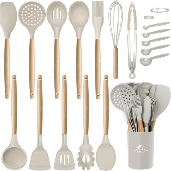 MIBOTE Silicone Cooking Kitchen Utensils Set with Holder, Wooden Handles BPA Free Non Toxic Silicone Turner Tongs Spatula Spoon Kitchen Gadgets Utensil Set for Nonstick Cookware (Khaki)