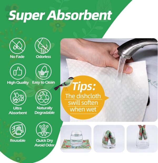 6 Pack Swedish Dishcloths for Kitchen, Absorbent & Quick Drying Sponge Cleaning Cloths Set, Reusable Decorative Tea Towel, Biodegradable No Fading No Odor Bar Hand Towel (2 Clips - Image 4