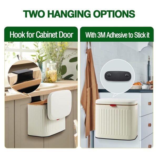 Kitchen Compost Bin Hanging Trash Can with Lid Detachable Compost Bin Stainless Steel Trash Can Small Compost Bin Countertop Mount Kitchen Food Waste Bin Garbage Can for Cabinet, Under Sink, Bathroom - Image 2