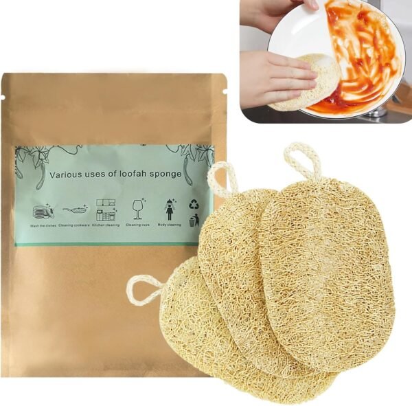 Natural Loofah Dish Sponge, Natural Kitchen Biodegradable Compostable Cellulose Loofah Scrub Sponge, Dual Sided Reusable Non Scratch Cleaning Sponge for Cleaning Kitchen, Bathroom, Household, 3 Pcs