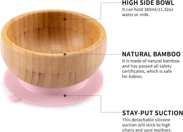 Toddler Bamboo Plates, Bowls and Spoon Set, Wooden Feeding Utensils for Infant’s Easy Self Eating at 1 Stage, Stay Put Silicone Suction Plate and Bowl and Soup Spoon for Baby Led Weaning - Image 2