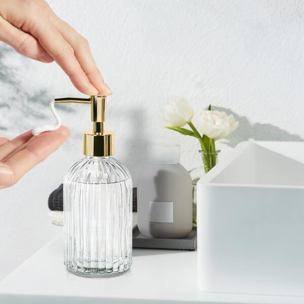 14 Oz Stripe Clear Glass Soap Dispenser with Gold Plastic Pump, Stripe Design Refillable Liquid Hand Lotion Dispenser, Contains Hand Soap and Dish Soap Dispenser, for Kitchen and Bathroom - Image 7