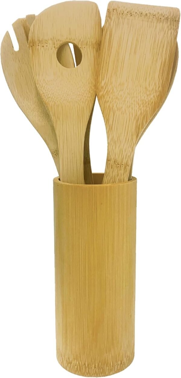 6 Pcs Bamboo Wooden Spoon and Spatula Utensils Set with Holder for Cooking and Kitchen use