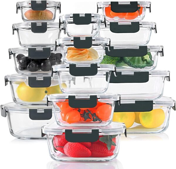 KOMUEE 30 Pieces Glass Food Storage Containers Set, Glass Meal Prep Containers Set with Snap Locking Lids, Airtight Glass lunch Containers for Microwave, Oven, Freezer & Dishwasher,Gray