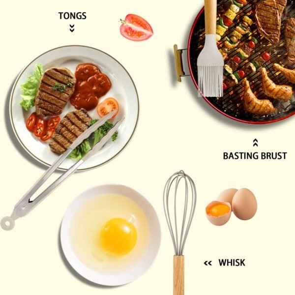 MIBOTE Silicone Cooking Kitchen Utensils Set with Holder, Wooden Handles BPA Free Non Toxic Silicone Turner Tongs Spatula Spoon Kitchen Gadgets Utensil Set for Nonstick Cookware (Khaki) - Image 4