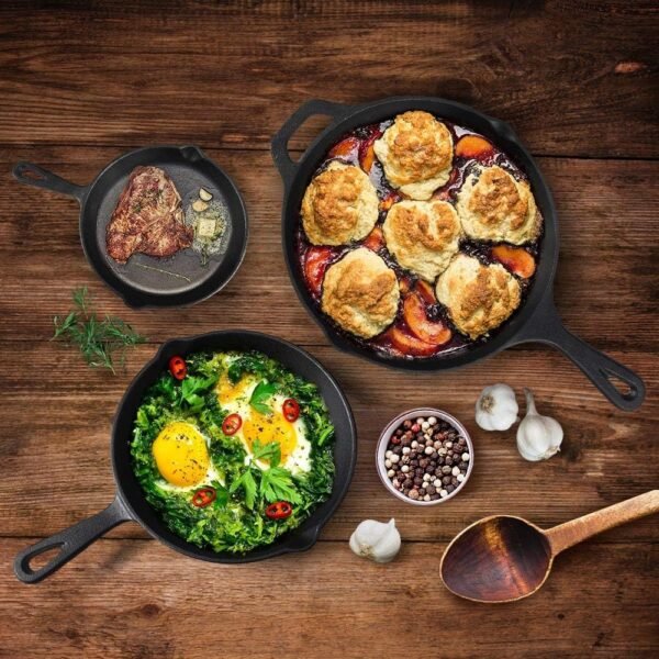 Pre-Seasoned Cast Iron Skillet Set of 3 | 6", 8" & 10" Cast Iron Frying Pans with 3 Heat-Resistant Holders - Indoor and Outdoor Use - Oven Grill Stovetop Induction Safe Cookware - Image 5