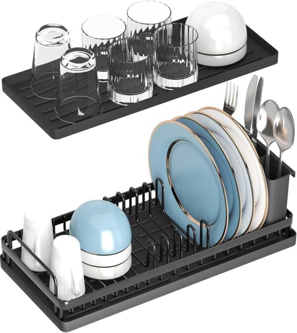 Small Dish Drying Rack, Compact Sink Dish Rack with 2pcs Silicone Drying Mats, Dish Drainer Kitchen Dish Organizer Sponges Holder for Kitchen Counter, Bar, Bottle, Cup