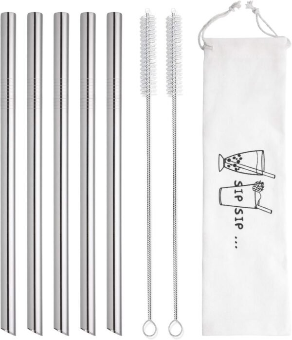 [Angled Tips] 5 Pcs 10" Reusable Bubble Tea Straws & Smoothie Straws, 0.5" Wide Stainless Steel Straws, Metal Straws for Bubble Tea/Tapioca Pearl, Milkshakes, Jumbo Drinks | 2 Cleaning Brushes - Image 3
