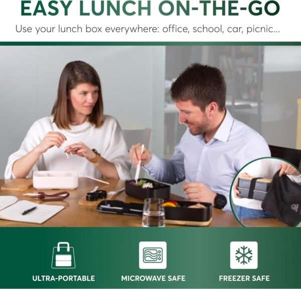 Umami Bento Box Adult All-In-1 XXL w/ 4 Utensils, 100% Leakproof, Microwave & Dishwasher Safe Lunch Containers for Adults, 4 Compartments, Bento Lunch Box Containers w/Premium Real Bamboo Lid - Image 5