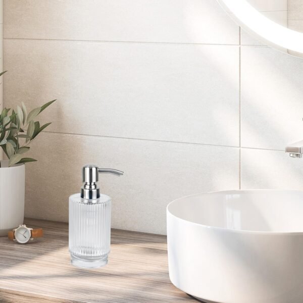 Bathroom and Kitchen Glass Soap Dispenser with Vertical Stripe - 16 Oz, 304 Stainless Steel Pump (Clear) - Image 4