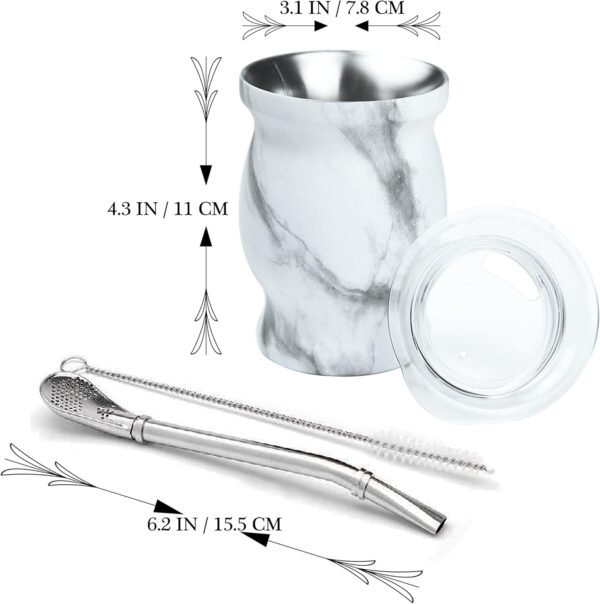 LA FEE Yerba Mate Natural Gourd/Tea Cup Set Brown (Original Traditional Mate Cup - 8 Ounces)，Includes Yerba Mate Straw & Cleaning Brush，Stainless Steel | Double-Walled | Easy to Clean (White) - Image 4