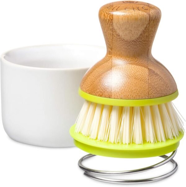 Full Circle Bubble Up- Eco-Friendly Bamboo Dish Brush & Ceramic Soap Dispenser - Natural Scrub Set for Dishes, Cast Iron - Kitchen Cleaning with Handle, White - Image 3