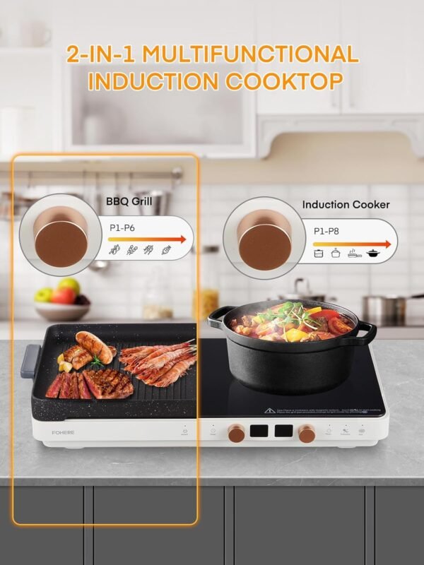 Induction Cooktop 2 Burners, Double Induction Hot Plate with Removable Iron Cast Griddle Pan Non-stick, Independent Temperature Control,Touch 8 Power Levels, 99 Min Timer for Magnetic Cookware - Image 2