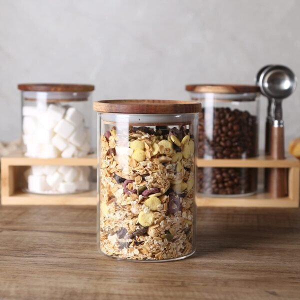 KKC HOME ACCENTS Sealed Glass Food Storage Jars with Scoop for Kitchen Counter,Glass Tea Canisters for Loose Tea,Ground Coffee,Bean,Sugar,Nut,Wooden Top Glass Containers with Spoons,25 Fluid-oz - Image 5