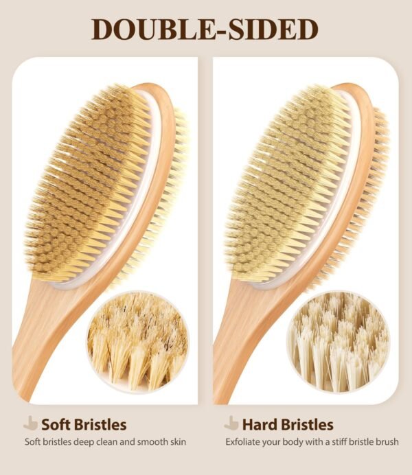 POPCHOSE Shower Brush, Back Scrubber for Shower with 17-Inch Wooden Long Handle, Dual-Sided Dry Brushing Body Brush with Soft & Stiff Bristles, Body Scrubber for Wet or Dry Exfoliation - Image 2