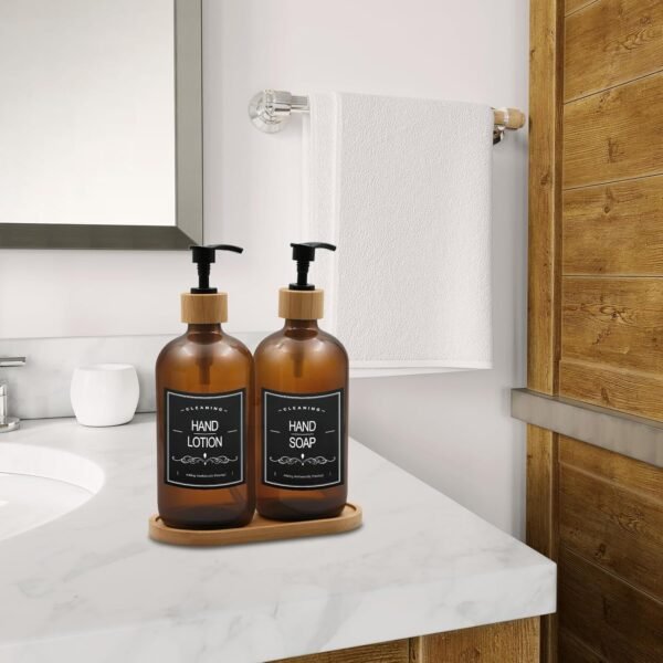 Dish Soap Dispenser Set with Bamboo Tray, Kitchen Soap Dispenser Set, Glass Matte Hand and Dish Soap Dispenser Set for Kitchen Decor-Brown - Image 9