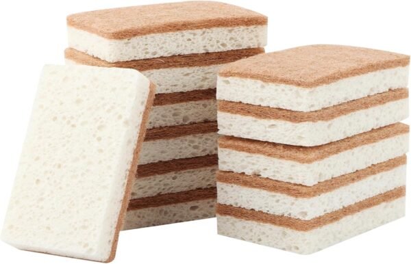 12pcs Natural Sponges for Dishes, Biodegradable Compostable Cellulose and Coconut Scrubber Sponge, Non-Scratch Reusable Cleaning Sponge for Removing Dirt and Oil in The Kitchen(Brown+White)
