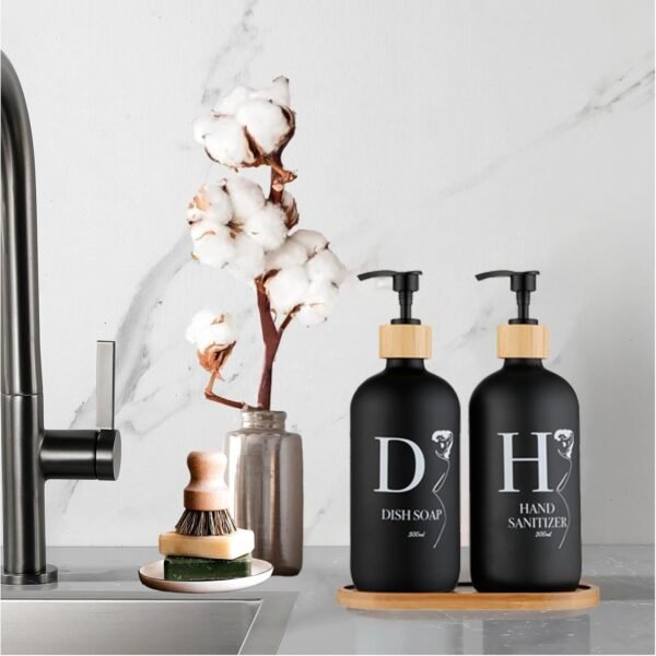2Pack Glass Hand Soap Dispenser with Bamboo Pump, Refillable Soap Dispenser, Premium Soap Dispenser for Kitchen and Bathroom (Black, 18oz*2). - Image 3