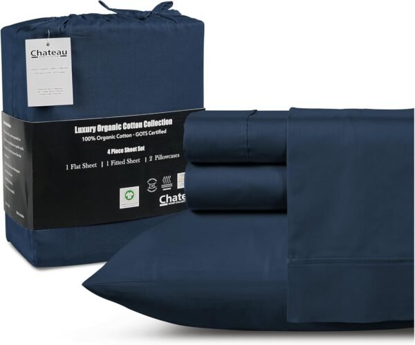 Organic Cotton Sheets Queen Size Set, 100% Organic Cotton Queen Sized Sheets, 300 TC Sateen Weave Bedsheets Queen Size Bed, 16" Deep Pocket, Soft Breathable Sheet & Pillowcase Sets - Navy