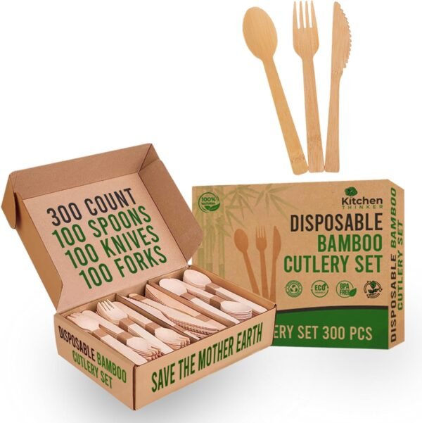Kitchen Thinker Bamboo Utensils Set – 300 Count(100 Spoons, 100 Forks, and 100 Knives) Bamboo Silverware Set and Bamboo Cutlery Set - Disposable Cutlery for Party, Camping, Weddings