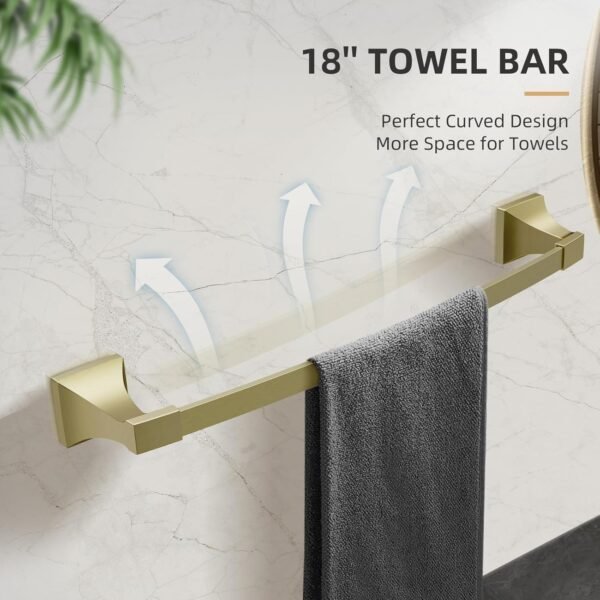 4 Piece Bathroom Hardware Set, 18 Inch Brushed Gold Towel Bar Set, Bathroom Towel Holder Set Includes Square Towel Bar, Towel Ring, Robe Hook, Toilet Paper Holder - Image 2