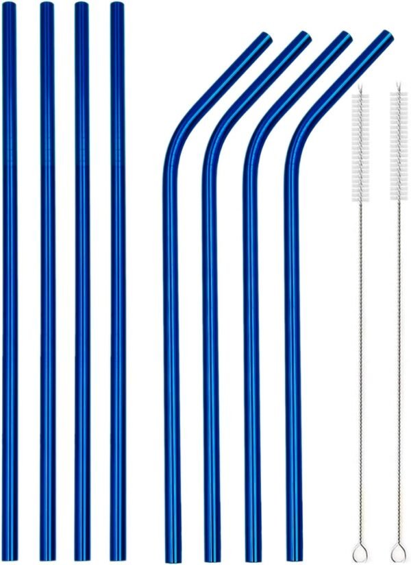 Blue Stainless Steel Straws, 8pcs 8.5" Reusable Metal Drinking Straws with Cleaning Brush for 20oz Tumblers