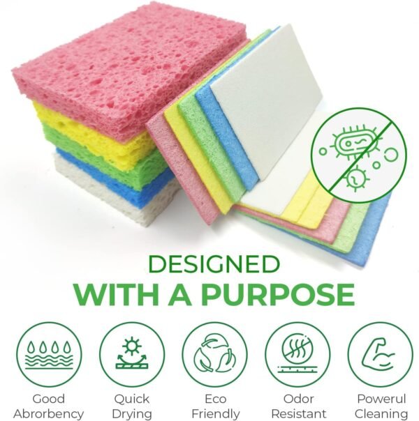 Biodegradable Cellulose Compressed Sponges - Pack of 16 Compostable Sponges Kitchen Pop Up Bulk - Non Scratch Multicolor Natural Dish Sponges - Heavy Duty Multipurpose Eco Friendly Sponges - Image 4