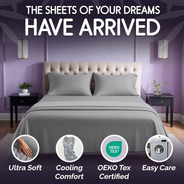 SLEEP SANCTUARY 100% Organic Viscose Derived from Bamboo Sheets King Size 6pcs - Ultra Soft & Cooling, 17" Deep Pocket, Double Stitching, Perfect for Hot Sleepers - King Bed Sheets (Midgrey) - Image 2