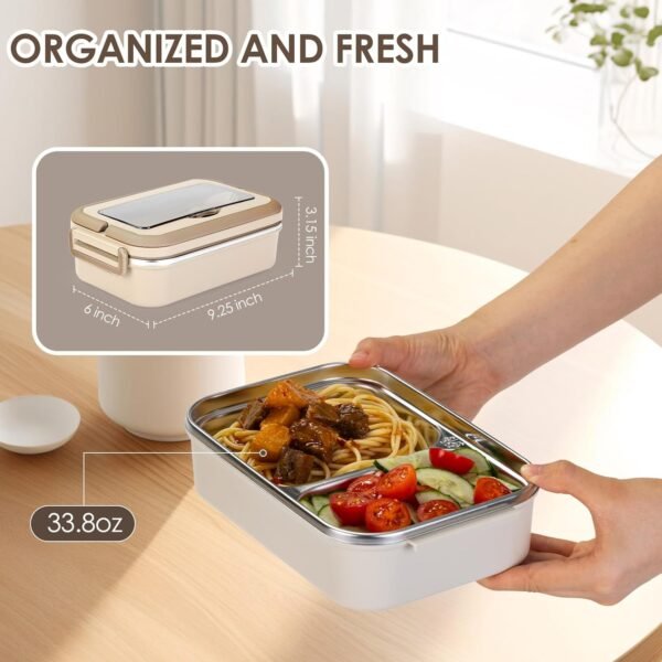 Lille Home Stainless Steel Bento Lunch Box – 2-Compartment Steel Lunch Box for Adults, Leakproof Lunch Containers, Includes Carry Handle, Lunch Bag, and Cutlery Set, BPA Free - Image 2