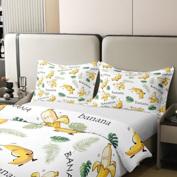 Castle Fairy Cute Banana 100% Organic Cotton Comforter Cover (Not Comforter) Green Palm Leaves Print Duvet Cover Set Queen Size for Bedroom Tropical Fruit Botanical Bedding Set with 2 Pillowcases - Image 3