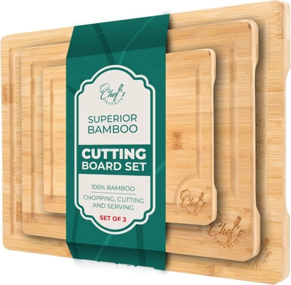 CHEF'S FAVORITE Bamboo Cutting Board Set of 3 - Pre-Oiled Chopping Board with Built-In Handles - Large, Medium, Small Boards - Double-Sided Kitchen Cutting Board - Juice Grooves for Mess-Free Cutting